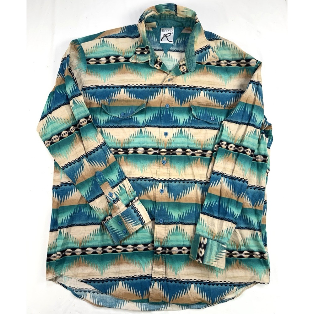 Roper Mens XL Aztec Long Sleeve Western Shirt Ranch Rodeo Cowboy USA Vintage